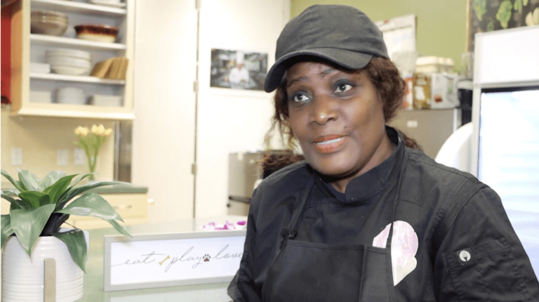 Karen Davis, owner of The Waffle Chic. // Screenshot of video by Yaw Bonsu/Long Island Advocate